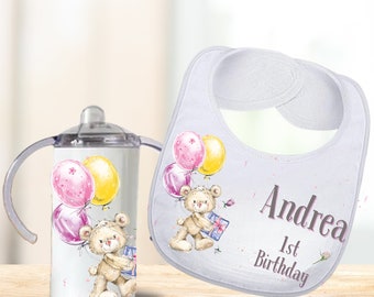 Teddy Bear Custom Absorbent Bib 1st Birthday Gift for Girls, Personalized Cute Unique Baby Girl Bear Birthday Bib Handmade 1st Birthday Gift