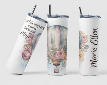 Watercolor Travel Themed Custom Coffee Tumbler Cup Gift for Traveler, Personalized Floral Affirmation Tumbler Mug Cup Mom Birthday Gift