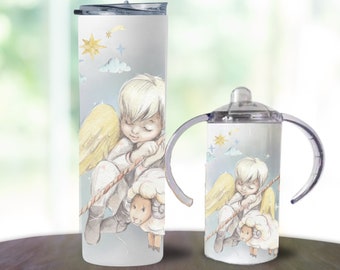 Angel 12oz Sippy Cup Custom Tumbler Toddler and Sister Christmas Gift Set, Personalized Kids Sippy Cup and 20oz Tumbler Birthday Gift Set