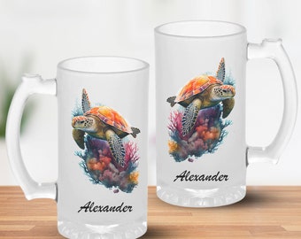 Sea Turtle Custom Ocean Themed Design 16oz Frosted Beer Mug Birthday Gift for Men, Personalized Ocean Freezer Beer Stein Ocean Lover Gift