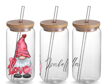 Valentine Gnome Glass Tumbler, Valentine's Day Tumbler, Valentine Gift, Personalized Gnome Tumbler, 18oz Glass Tumbler, Glass Soda Can