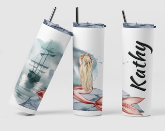 Mermaid Pirate Ship Tumbler, Custom Ocean Mermaid Themed Design Coffee Tumbler Cup Gift, Personalized Pirate Ship Themed Tumbler Cup Gift