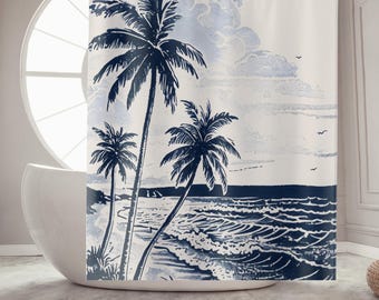 Blue Beach Shower Curtains Bathroom Decor for Housewarming Gift Ocean Shower Curtain Beach House Decor Chinoiserie Aesthetic