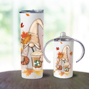 Fall Gnome Sippy Cup Custom 12oz Tumbler Cup Mom and Baby Girl Birthday Gift Set, Personalized Mom and Toddler Sippy Cup Tumbler Gift Set