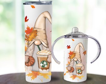 Fall Gnome Sippy Cup Custom 12oz Tumbler Cup Mom and Baby Girl Birthday Gift Set, Personalized Mom and Toddler Sippy Cup Tumbler Gift Set