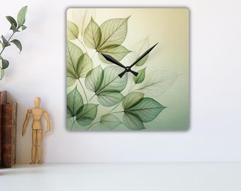 Nature Wall Clock Green Minimalist Decor Kitchen Wall Clock Unique Wall Clock Leaves Wall Decor Modern Acrylic Wall Clock Home Decor