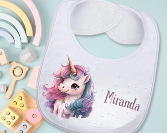 Unicorn Custom Baby Absorbent Feeding Bib with Name Baby Girl Birthday Gift, Personalized Cute Newborn Girls Baby Bib Baby Shower Gift