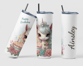 Unicorn Birthday Custom Coffee Travel Tumbler Cup Kids Gift for Her, Personalized Cute Rainbow Unicorn Tea Tumbler Mug Gift