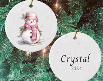 Pink Snowman and Snowflake Custom Ceramic Christmas Tree Ornament Gift for Girl, Personalized Unique Cute Snowman Christmas Ornament Gift