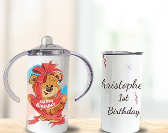 Teddy Bear Custom 12oz Sippy Cup 1st Birthday Gift Set with Absorbent Bib, Personalized Toddler Water Bottle Cup Birthday Bear Bib Gift Set