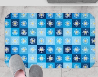 Retro Blue Daisy Bath Mat, 70s Checkered Flower Power Bathroom Rug, Matching Set, Groovy Mod Floral Mat, Funky Aesthetic Teen Bathroom Decor