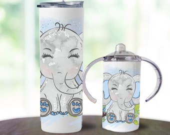 Elephant Custom Tumbler Sippy Cup Mom and Baby Gift Set, Personalized Cute Elephant  Kids 12oz Sippy Cup and 20oz Tumbler Birthday Gift