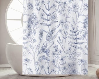 Blue Botanical Line Art Shower Curtain, Minimalist Wildflower Bathroom Decor, Elegant Nature Sketch Floral Print Shower Curtain