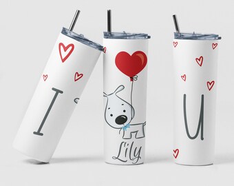 Puppy Heats Love Custom Coffee Travel Tumbler Cup Birthday Gift for Her, Personalized Love You More Tumbler Mug Valentines Dog Lover Gift