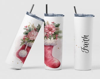 Christmas Watercolor Floral Stocking Custom Coffee Travel Skinny Tumbler Cup Gift, Personalized Christmas Tumbler Cup