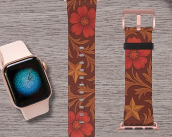 Western Floral Apple Watch Band, Cowgirl Star Watch Strap, Tooled Leather Look, Rodeo Style iWatch Band, Fits Apple Watch 38-45mm