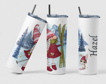 Skiing Gnome Girl Custom Coffee Travel Tumbler Cup Gift for Christmas Mom, Personalized Gnome Skiing Tea Tumbler Cup Gift for Teacher