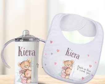 Bear Baby Bib Personalized with Name New Baby Gift Sippy Cup Gift Set Peek-a-Boo Teddy Bear Gift Set Toddler Cup First Birthday Valentine