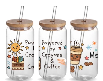Preschool Teacher Glass Cup, Powered by Crayons and Coffee, Cute Teacher Gift for Women, Iced Coffee Cup Wrap, End of Year Gift