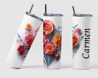 January Birth Month Flower Custom Coffee Travel Tumbler Cup Birthday Gift, Personalized Carnation Birth Flower Tea Tumbler Cup Mom Gift