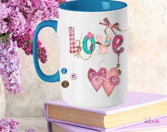 Love Hearts Custom Ceramic Coffee Lover Handle Mug Valentines Gift for Her, Personalized Hearts Tea Mug Birthday Seamstress Mug Gift