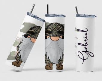 Military Gnome Tumbler, Custom Military Gnome Coffee Tumbler Cup Gift for Veteran Dad, Personalized Military Gnomes Tumbler Gift for Mom