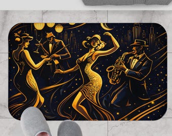 Art Deco Bath Mat | City Glam Jazz Bathroom Rug | Navy Gold Speakeasy Decor | Vintage Glam Luxury Floor Mat | New Orleans Louisiana Decor