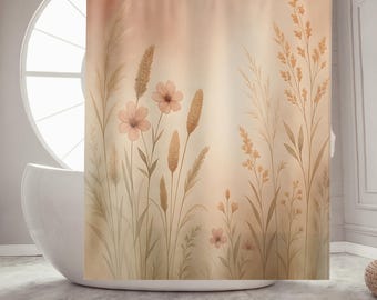 Earthen Meadow Shower Curtain | Neutral Boho Botanical Bathroom Decor | Warm Beige Terracotta Farmhouse Style | Modern Spring Bath Curtain