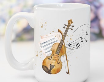 Violin Music Notes Mug Custom 15oz Ceramic Coffee Mug Birthday Gift for Teacher, Personalized Violin Music Life Tea Cup Music Lover Gift