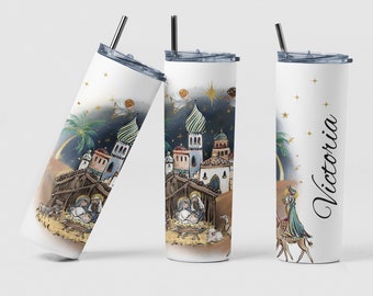 Nativity Bethlehem Custom Coffee Travel Tumbler Cup Christmas Gift, Personalized Cute Christmas Scene Tea Tumbler Mug Gift for Friends