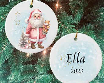 Vintage Santa Custom Ceramic Christmas Tree Decoration Ornament Gift, Personalized Watercolor Christmas Tree Cute Santa Ornament Gift