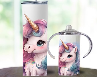 Unicorn Kids Custom 12oz and 20oz Tumblers Christmas Gift Set, Personalized Cute Unicorn Sippy Cup and Tumbler Sisters Birthday Gift Set