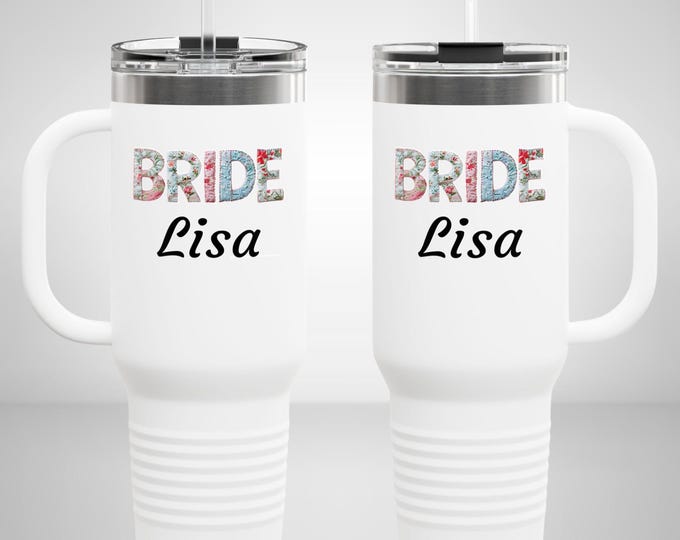 Featured listing image: Bride Tumbler With Handle Personalized Gift for Bridal Shower Custom Wedding Gift Insulated Travel Mug, 40oz Future Mrs Homeymoon Tumbler