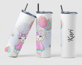 Easter Bunny Custom Coffee Travel Tumbler Kids Girls Gift, Personalized Cute White Rabbit Happy Easter Tea Tumbler Mug Gift for Easter Day