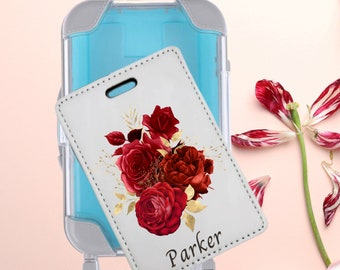 Red Floral Custom Luggage Bag Handle Tag Birthday Gift for Traveler, Personalized Cute Fun Roses Luggage Tag Girls Trip Cruise Gift