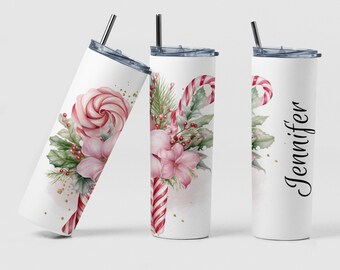 Candy Cane Pink Bouquet Custom Coffee Travel Tumbler Cup Christmas Gift, Personalized Holiday Cute Candy Cane Floral Tea Tumbler Cup Gift