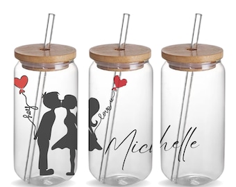 Couple Kiss 16oz Iced Coffee Glass Tumbler Cup with Lid and Straw Birthday Gift, Personalized 16oz Coffee Glass Beer Can Tumbler Valentine