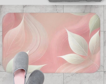 Pink and Green Leaves Bathroom Mat Housewarming Gift, Non Slip Microfiber Mat, Floral Bathroom Rug, Boho Bathroom Accessory, Nature Inspired