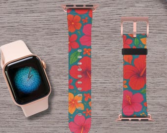 Hawaiian Floral Apple Watch Band, Tropical Watch Strap, Vibrant Flowers Design, Summer Accessory, Fits Apple Watch 38-41mm & 42-45mm