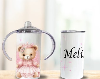 Princess Bear 12oz Sippy Cup Custom Tumbler First Birthday Gift for Girl, Personalized Pink Teddy Bear Toddler Tumbler Cup Christmas Gift