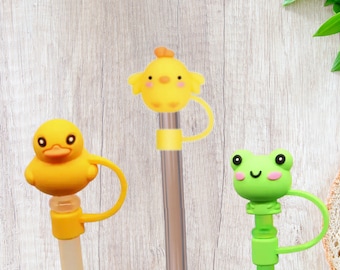 Straw Topper Cover Animal Reusable Plastic Straw, Frog Chicken Duck Straw Cover Caps Accessory Fits Most Straws Not All Fit Stanley Straws