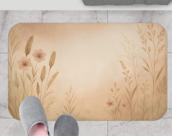 Botanical Bath Mat Neutral | Beige Floral Bathroom Rug | Boho Bathroom Decor | Earth Tone Bath Rug | Matching Shower Curtain