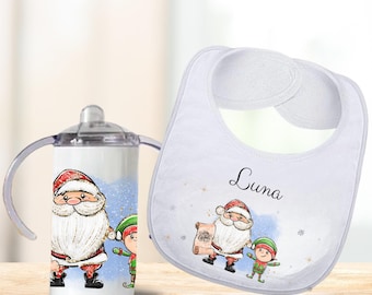 Personalized Christmas Baby Bib & Sippy Cup Set, Custom Santa Baby Gift, Holiday Baby Shower Gift, First Christmas Bib Cup Combo