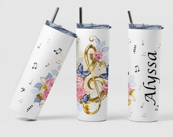 Floral Music Note Tumbler, Custom Music Note Design Tumbler with Name Gift for Mom, Personalized Music Notes Tumbler Gift for Music Teacher