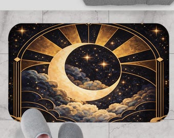 Celestial Moon Bath Mat | Art Deco Bathroom Rug | Dark Moody Bathroom Decor | Astrology Moon Floor Mat | Luxe Bathroom Accent