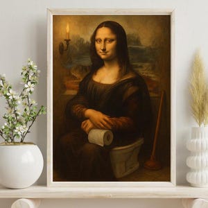 Mona Lisa Bathroom Art, Funny Toilet Humor Print, Vintage Wall Decor, Humorous Bathroom Decor, Unique Housewarming  Gift
