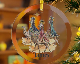 Personalized Three Wisemen Ornament, Religious Christmas Gift, Custom Glass Ornament, Nativity Holiday Decor, Gift Box Included