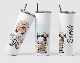 Sewing Custom Cute Coffee Travel Tumbler Cup Birthday Sewing Lover Seamstress Gift, Personalized Girl 20oz Stainless Steel Water Bottle Gift