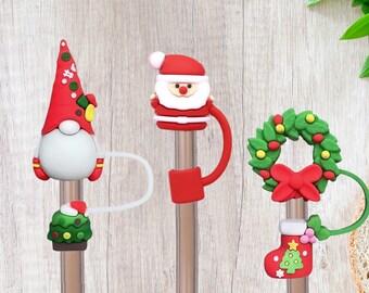 Silicone Straw Cover Topper Cap Tip for Reusable Straws, Christmas Santa Reindeer Straw Charm Accessory Decoration Dust Cover Christmas Gift