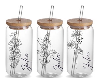 Personalized Birth Month Flower Iced Coffee Cup with Name Birthday Gift for Mom, Personalized Glass Beer Can Birth Floral Tea Tumbler Gift